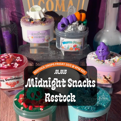 MMB Midnight Snacks Restock promo graphic featuring six Halloween-themed slime jars including Frightfully Delicious, Worm Food, My Sweetheart, and Bone Appétit on a dark table setup. 